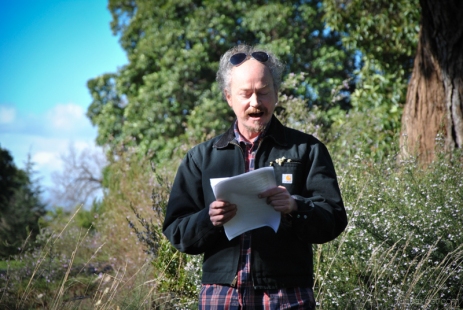 Poet Duncan Hose reading his poetry in the Royal Botanic Gardens Victoria